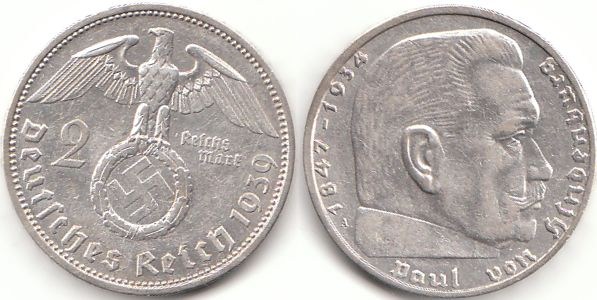 2 Reichsmark 1939  Deutsches Reich Hindenburg A ss